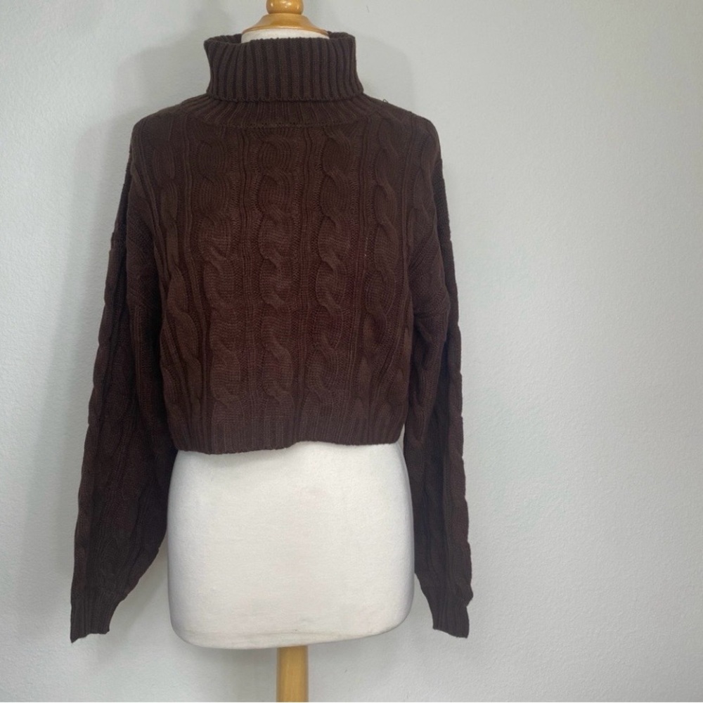 Better Be Women's Chocolate Brown Cable Knit Boxy Turtleneck Sweater Size Medium